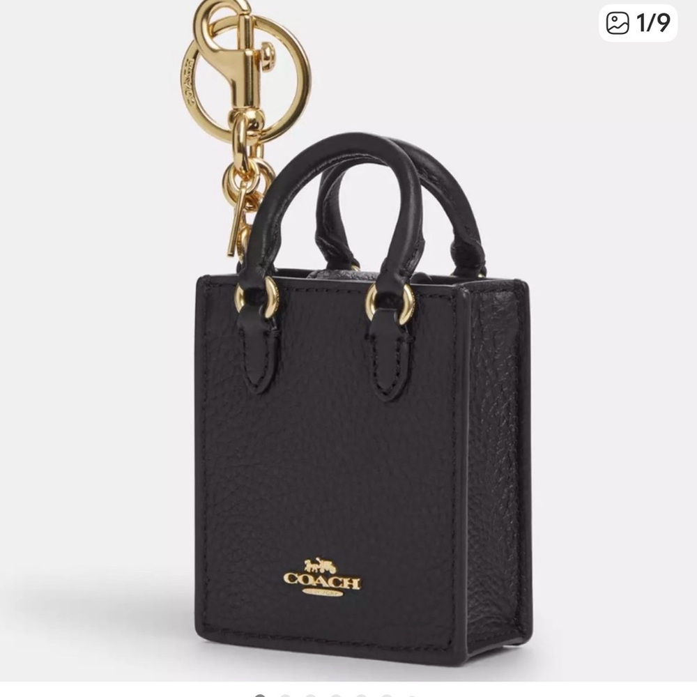 NWT Coach Leather Mini North/South Tote Keychain, Black and Gold!